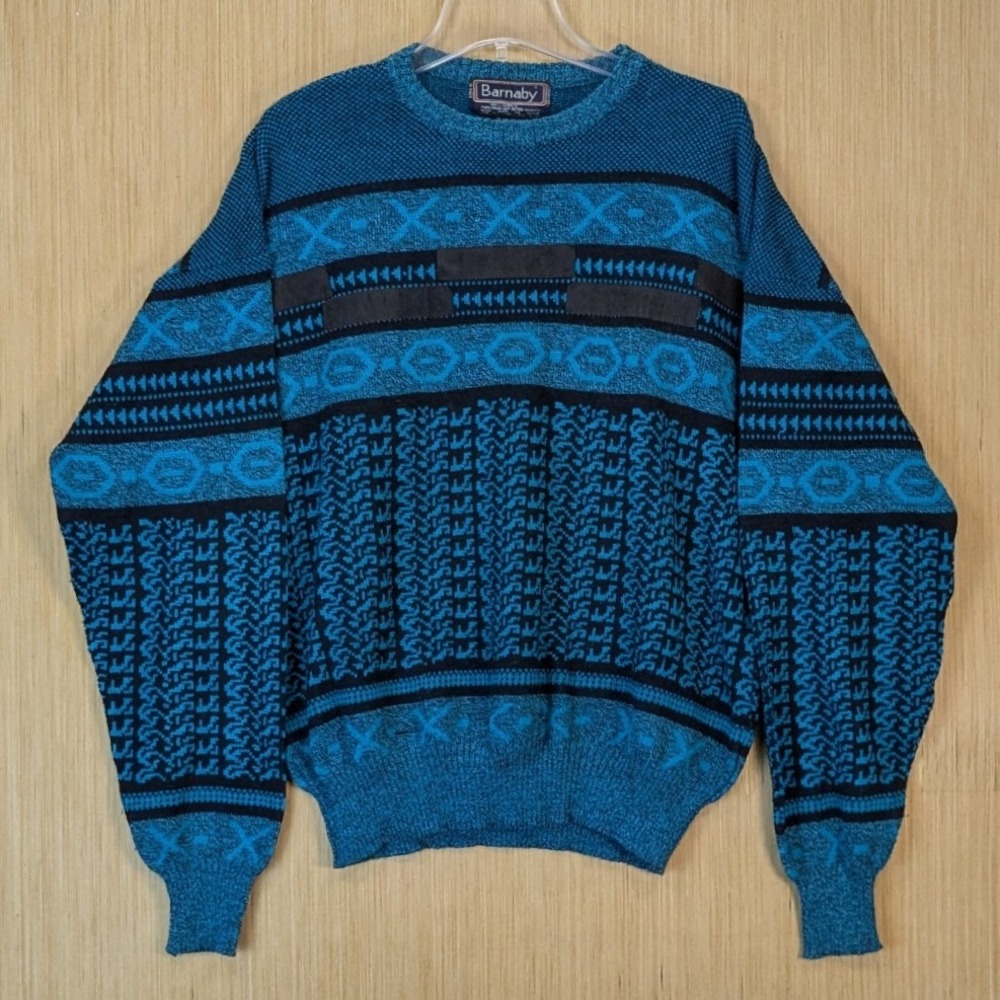 Barnaby Vintage Mens Grandpa Blue Geometric Knit Sweater XL Retro 80s 90s